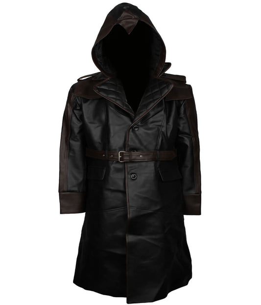Men Black and Brown Hooded Quilted Leather Trench Coat 