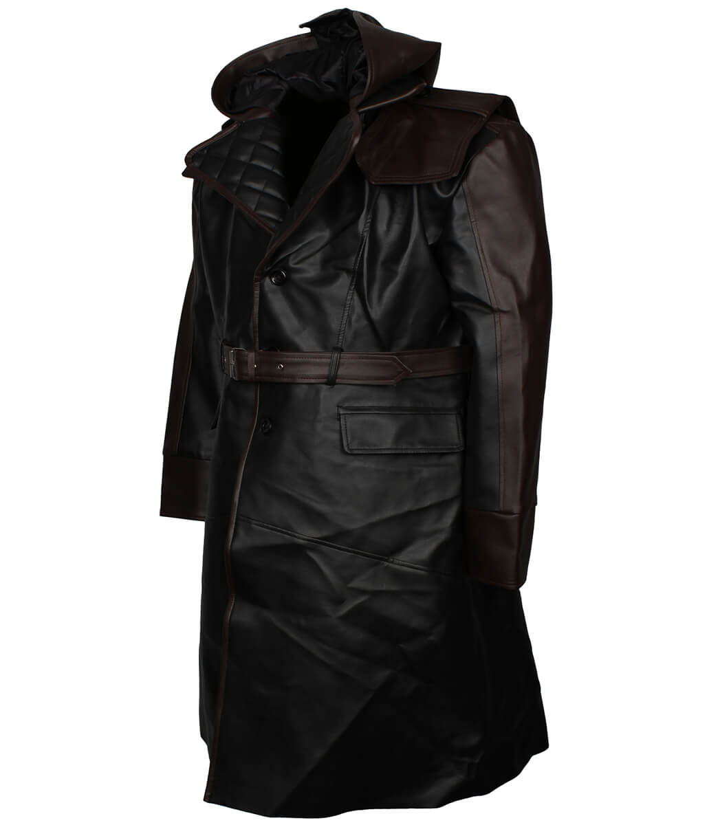 Men Black and Brown Hooded Quilted Leather Trench Coat 