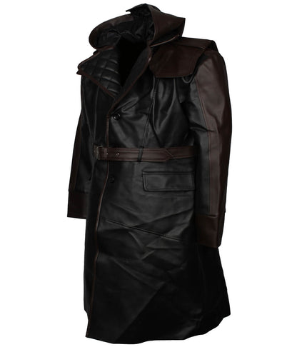 Men Black and Brown Hooded Quilted Leather Trench Coat 