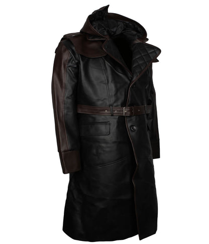 Men Black and Brown Hooded Quilted Leather Trench Coat 
