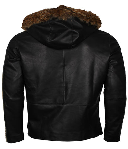 Men Black Fur Hooded Leather Jacket