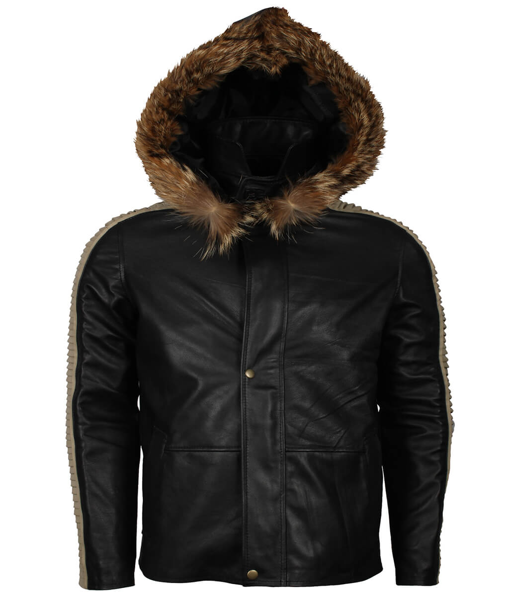 Men Black Fur Hooded Leather Jacket