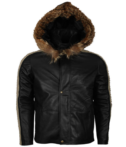Men Black Fur Hooded Leather Jacket