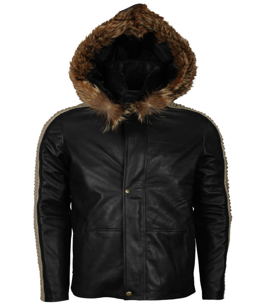 Men Black Fur Hooded Leather Jacket