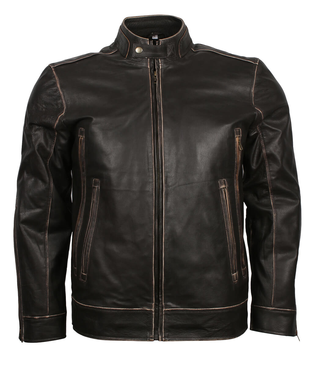 Men Burnished Edge Dark Brown Leather Jacket