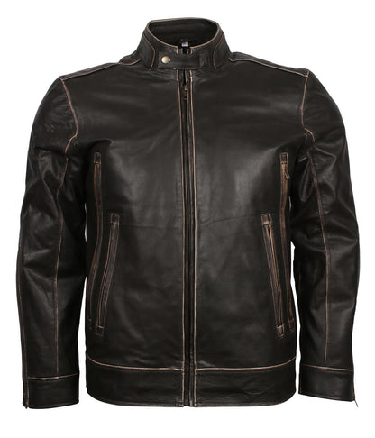 Men Burnished Edge Dark Brown Leather Jacket