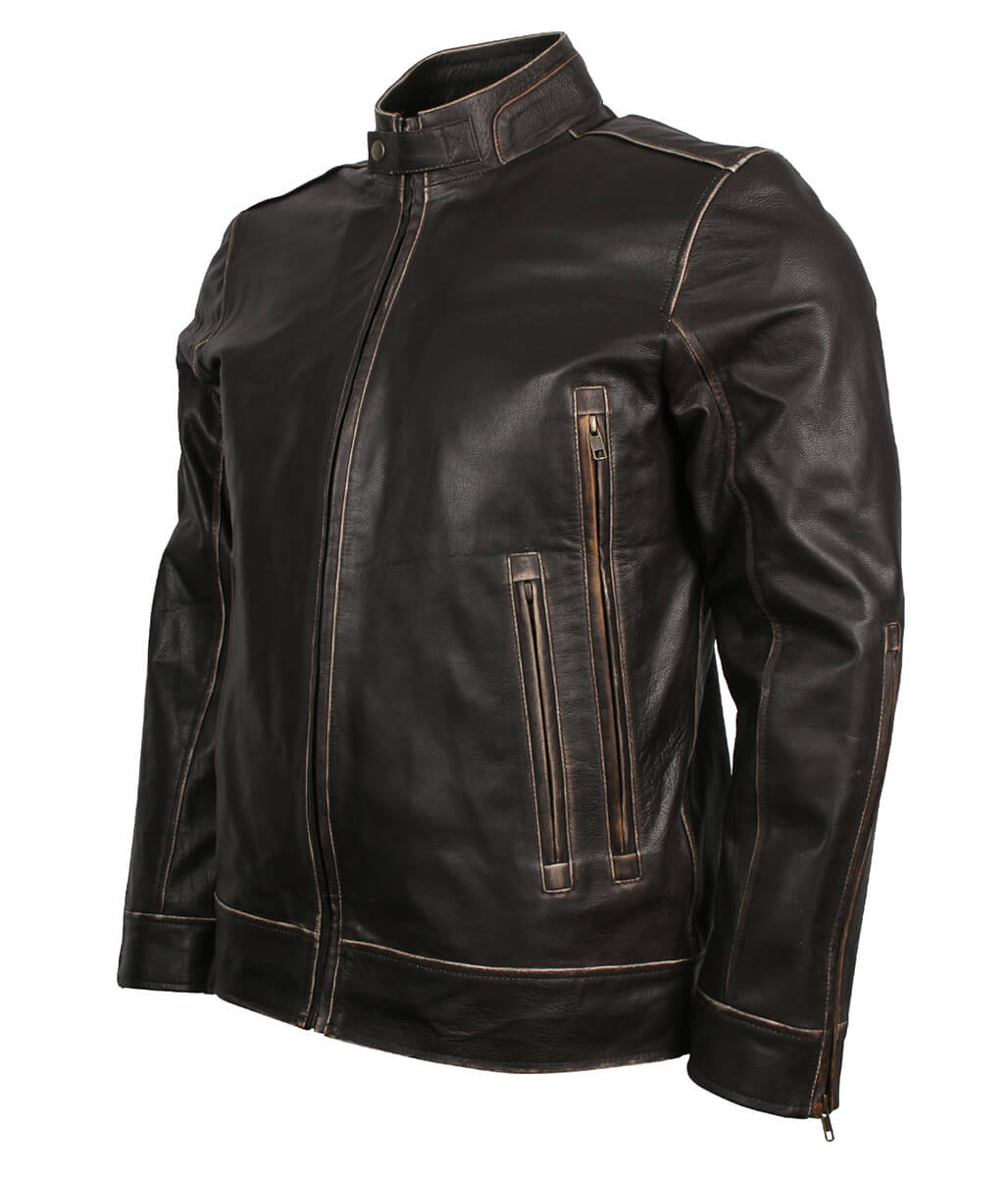 Men Burnished Edge Dark Brown Leather Jacket