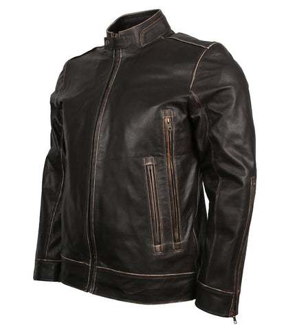 Men Burnished Edge Dark Brown Leather Jacket