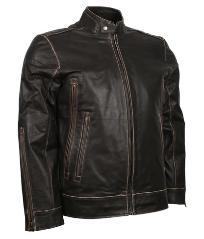 Men Burnished Edge Dark Brown Leather Jacket