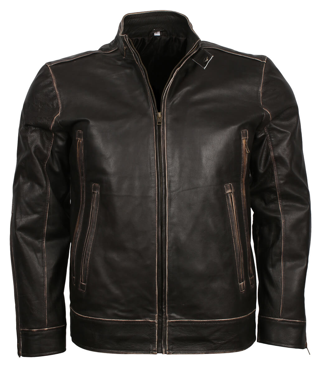 Men Burnished Edge Dark Brown Leather Jacket