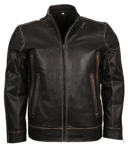 Men Burnished Edge Dark Brown Leather Jacket