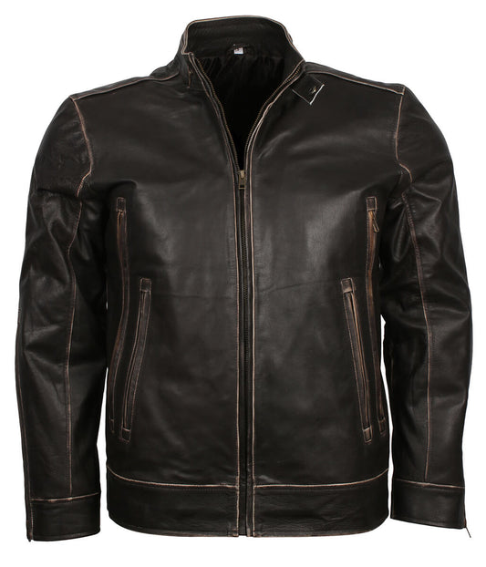 Men Burnished Edge Dark Brown Leather Jacket