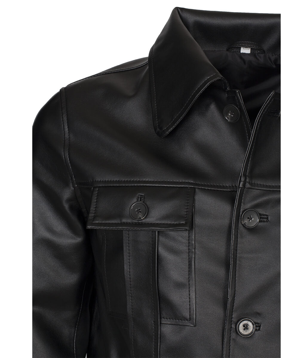 Men Button Closure Flap Pocket Trucker Black Leather Jacket