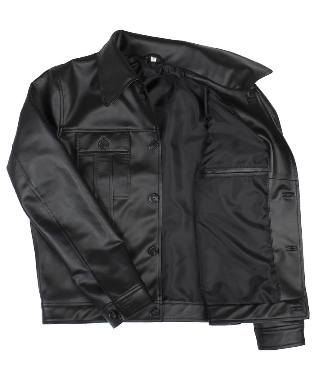 Men Button Closure Flap Pocket Trucker Black Leather Jacket