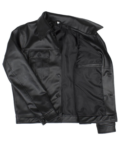 Men Button Closure Flap Pocket Trucker Black Leather Jacket