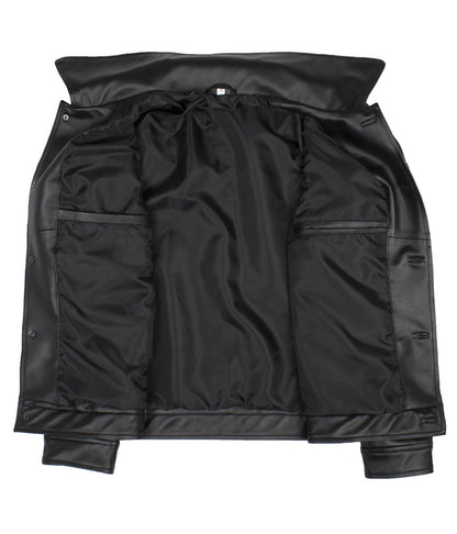 Men Button Closure Flap Pocket Trucker Black Leather Jacket