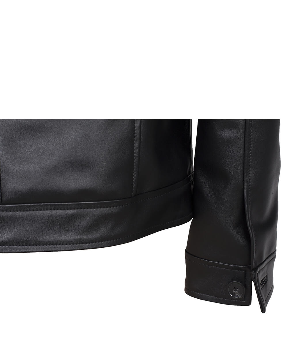 Men Button Closure Flap Pocket Trucker Black Leather Jacket