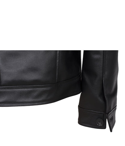 Men Button Closure Flap Pocket Trucker Black Leather Jacket