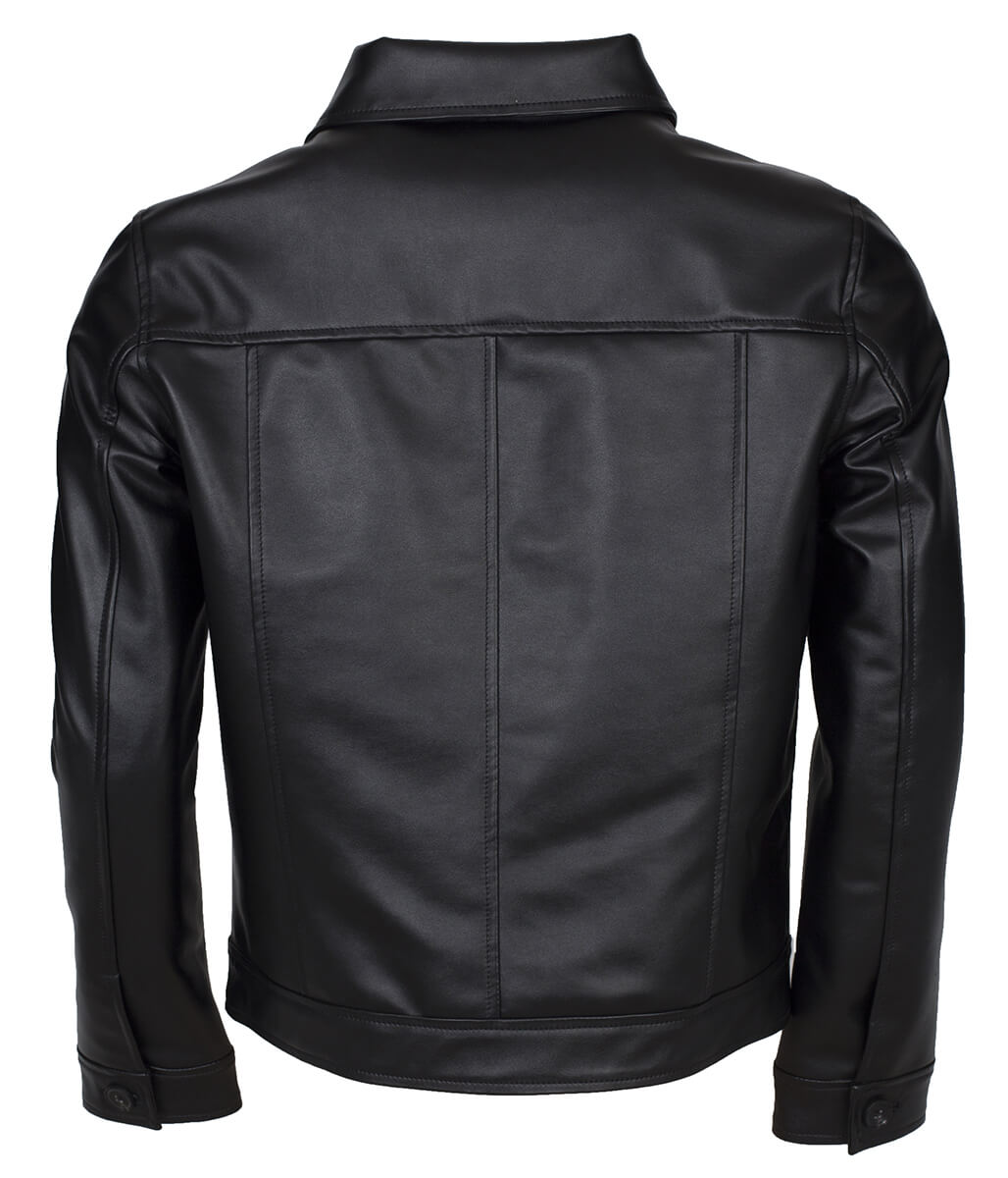 Men Button Closure Flap Pocket Trucker Black Leather Jacket