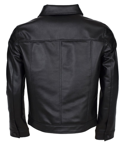 Men Button Closure Flap Pocket Trucker Black Leather Jacket