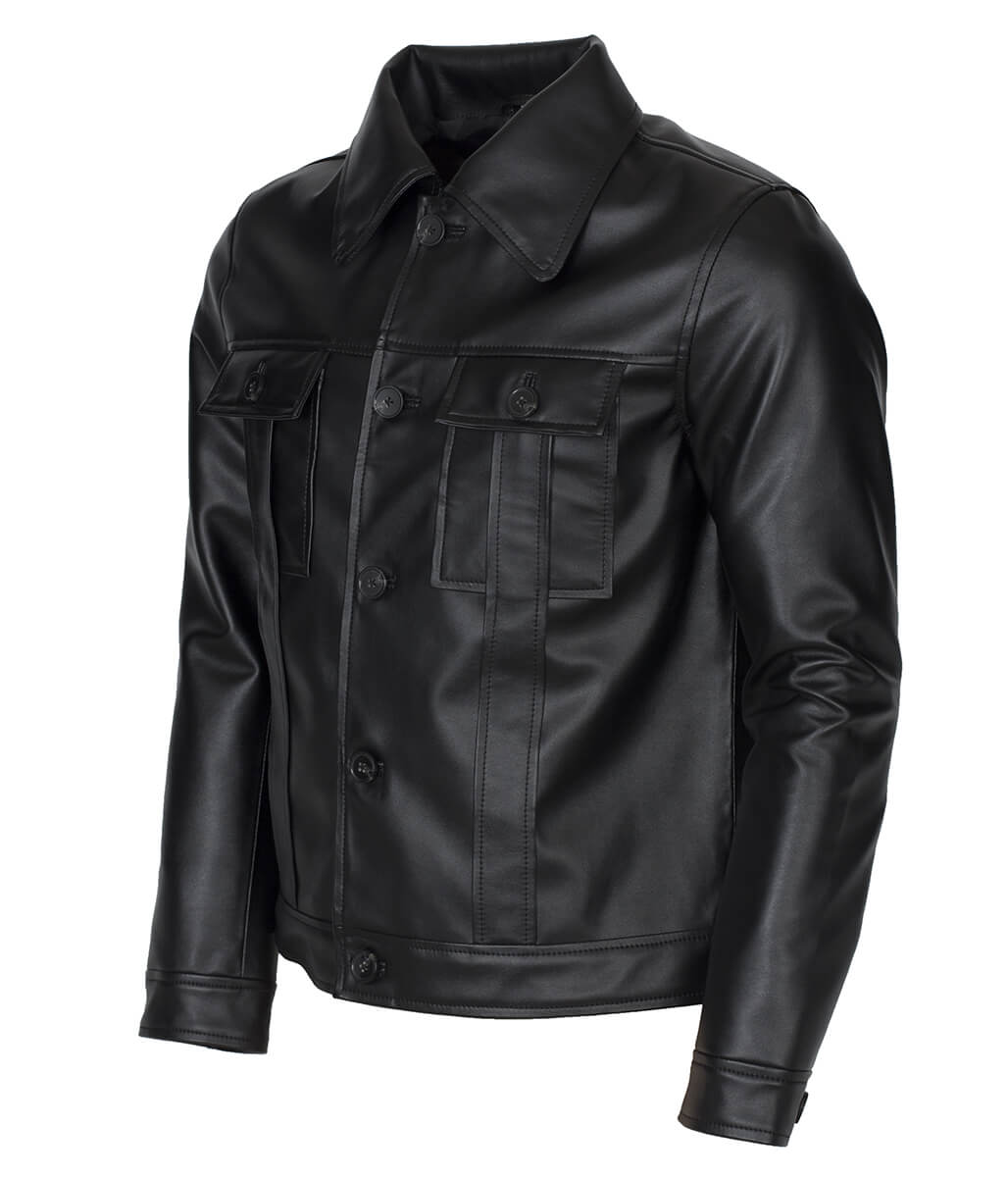 Men Button Closure Flap Pocket Trucker Black Leather Jacket