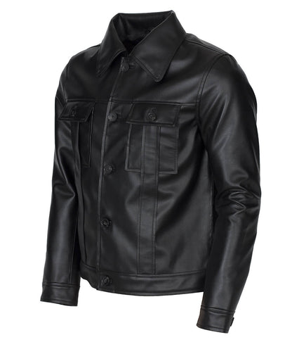 Men Button Closure Flap Pocket Trucker Black Leather Jacket