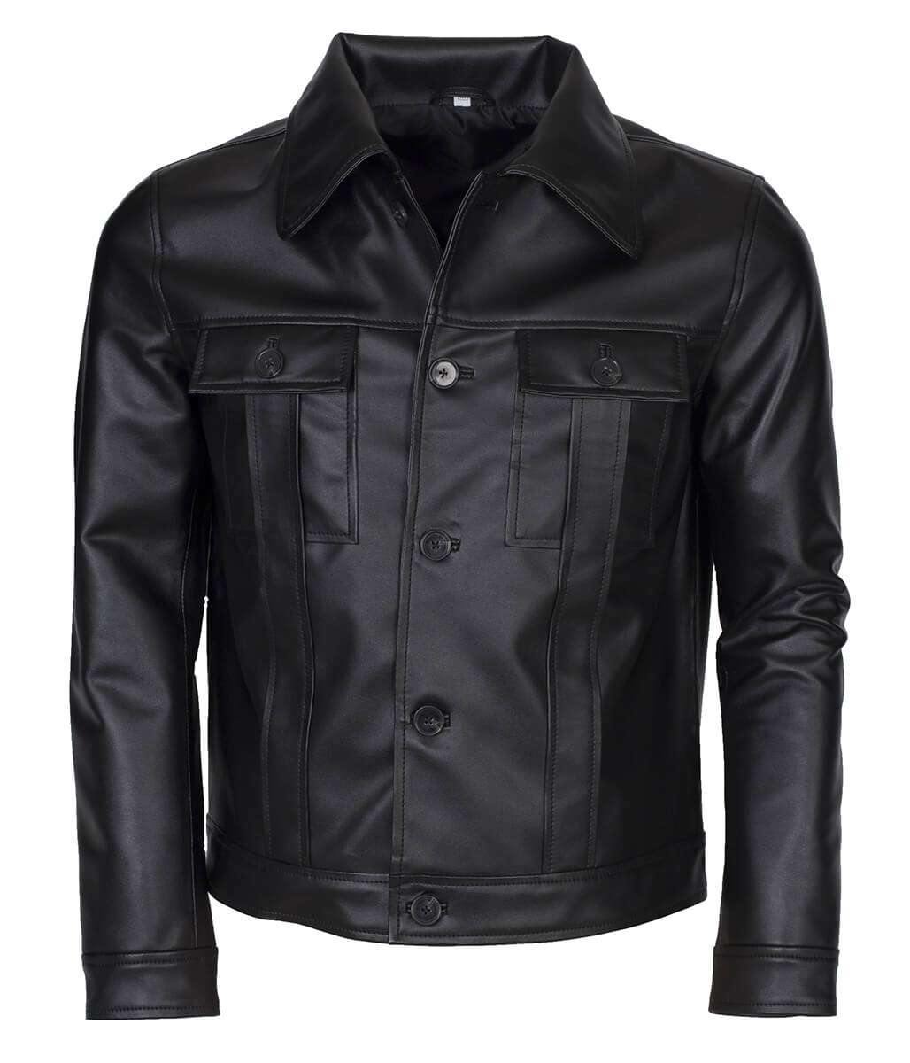 Men Button Closure Flap Pocket Trucker Black Leather Jacket