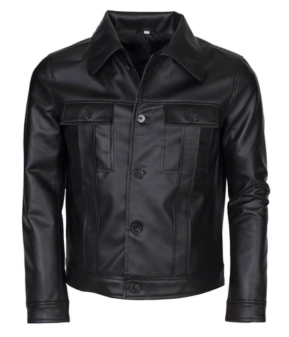 Men Button Closure Flap Pocket Trucker Black Leather Jacket