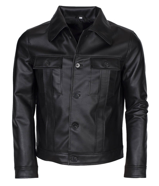 Men Button Closure Flap Pocket Trucker Black Leather Jacket