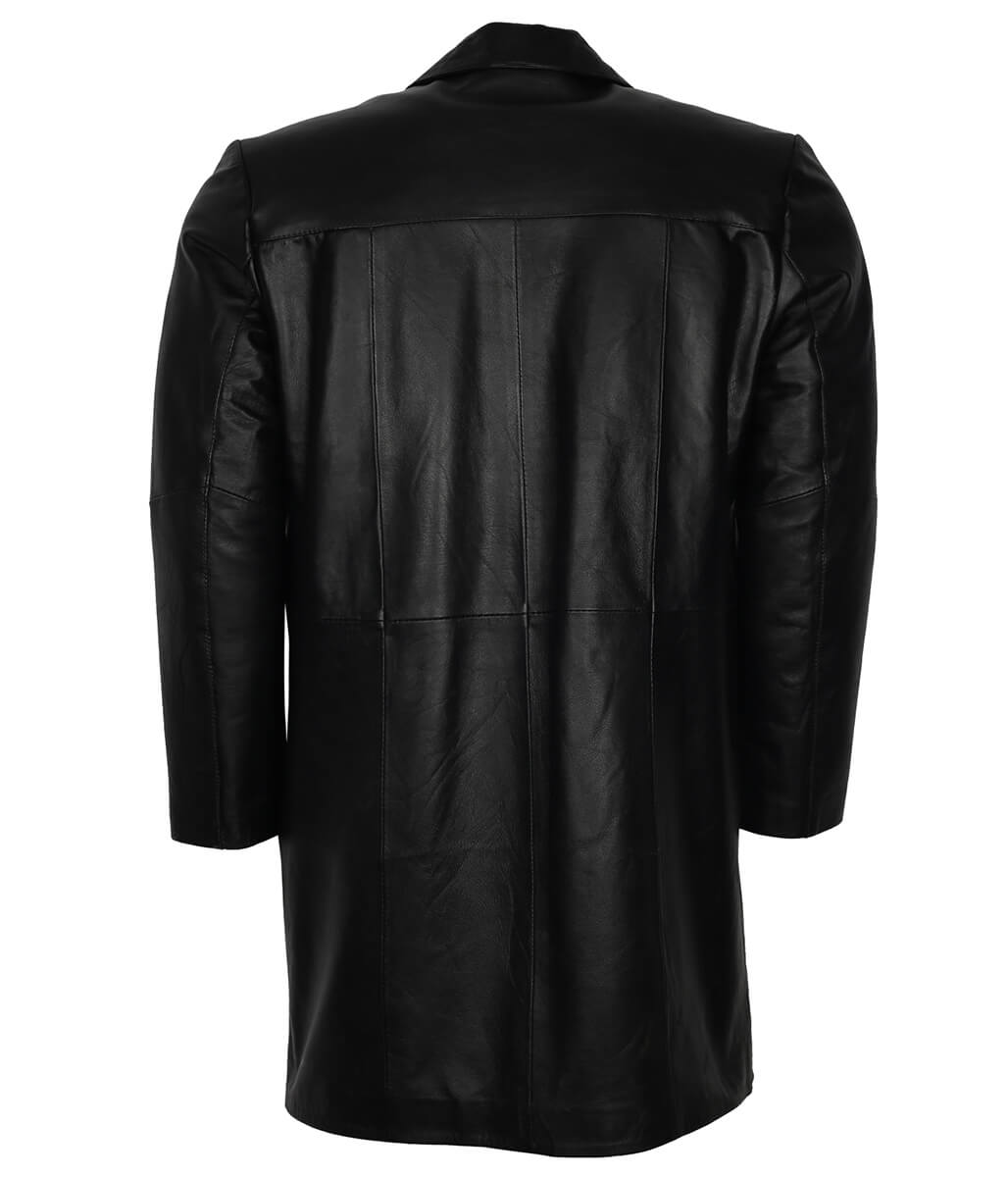 Men Classic Black Single Breasted Leather Trench Coat