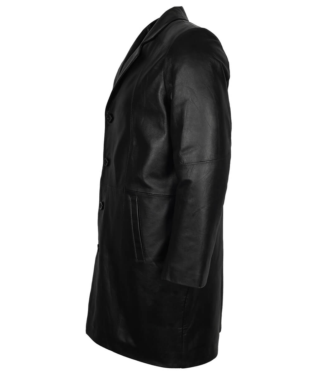 Men Classic Black Single Breasted Leather Trench Coat