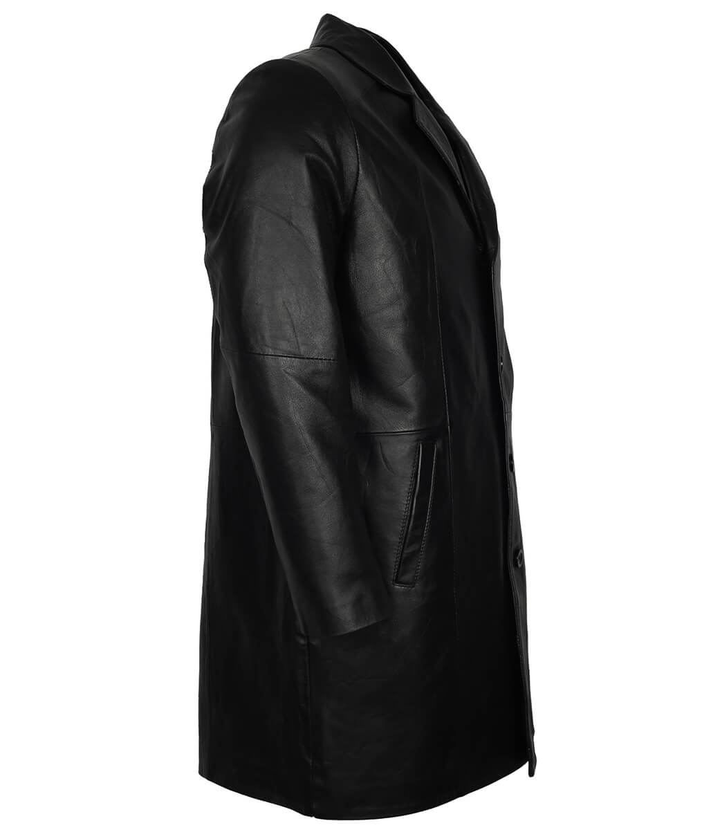 Men Classic Black Single Breasted Leather Trench Coat