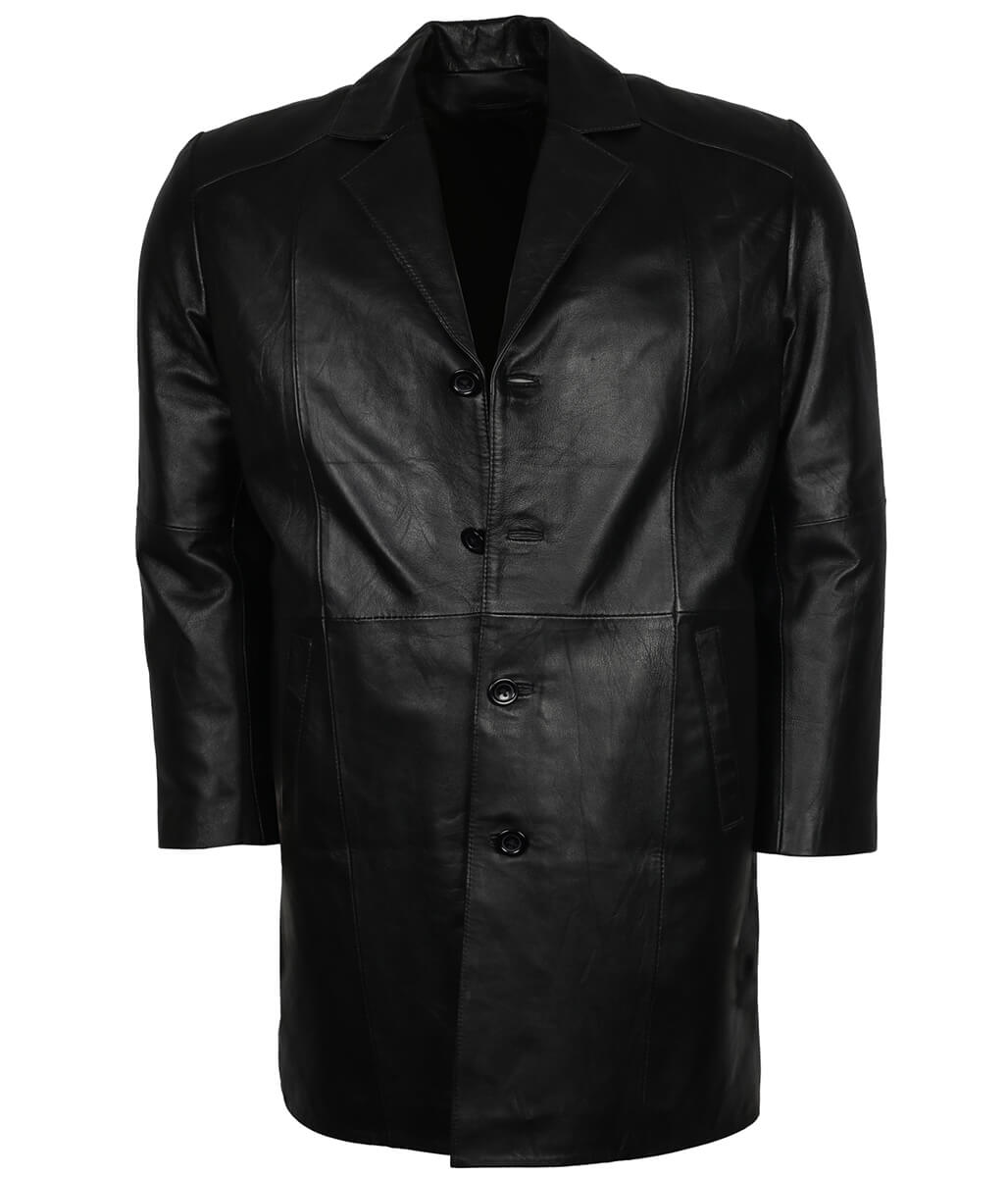 Men Classic Black Single Breasted Leather Trench Coat