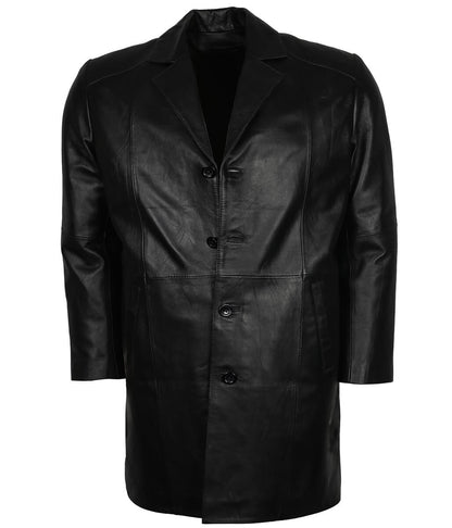 Men Classic Black Single Breasted Leather Trench Coat
