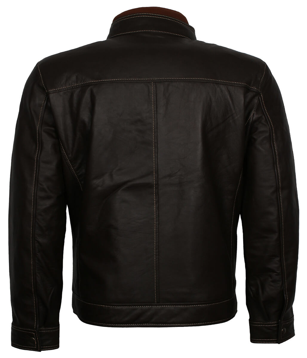 Men Classic Multi-Pocket Dark Brown Leather Jacket