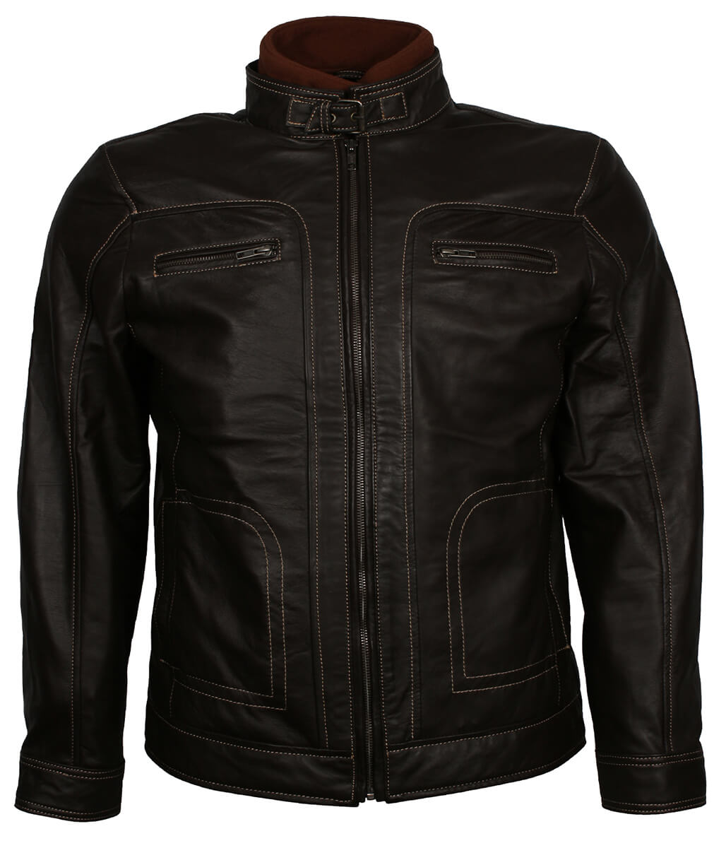 Men Classic Multi-Pocket Dark Brown Leather Jacket