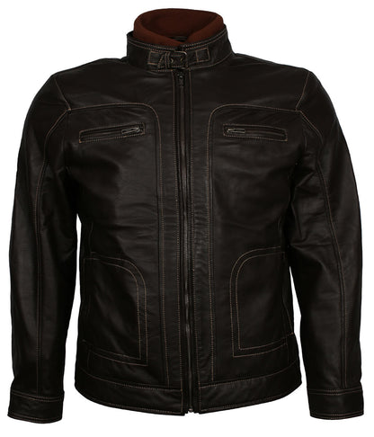 Men Classic Multi-Pocket Dark Brown Leather Jacket