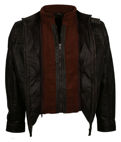 Men Classic Multi-Pocket Dark Brown Leather Jacket