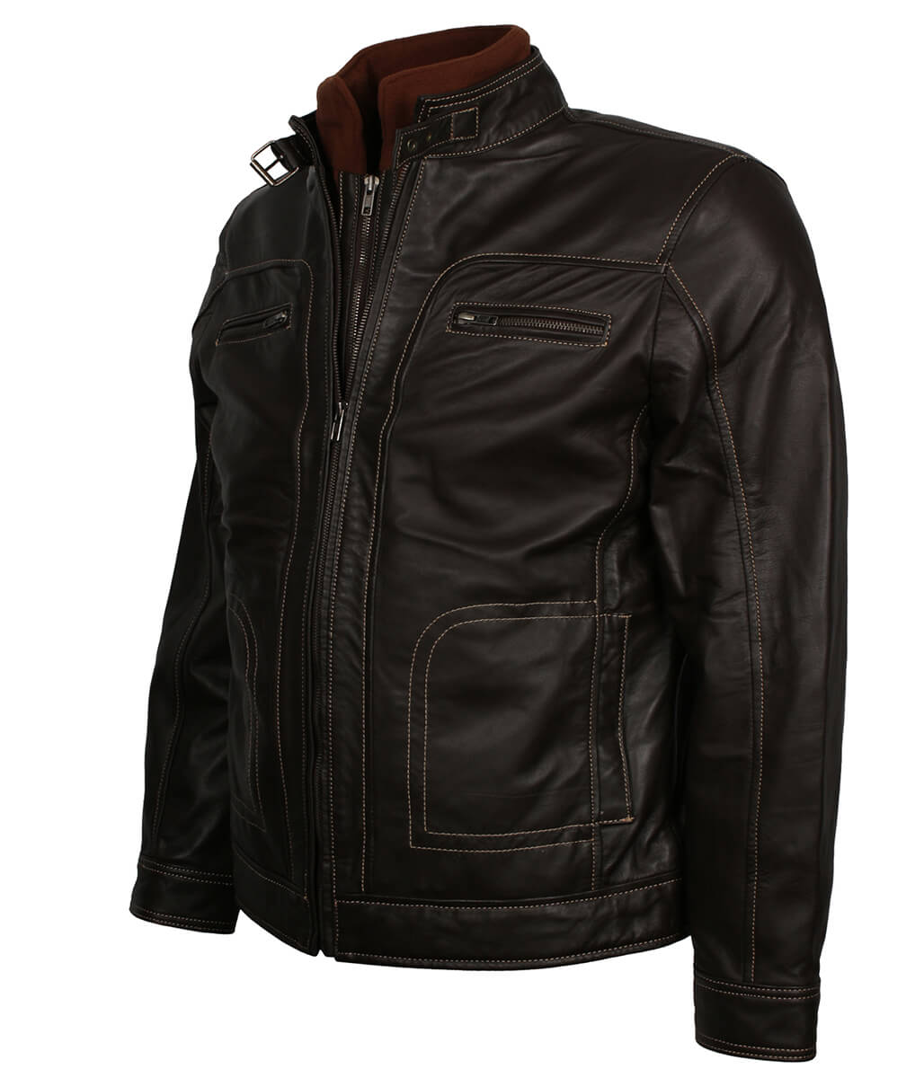 Men Classic Multi-Pocket Dark Brown Leather Jacket