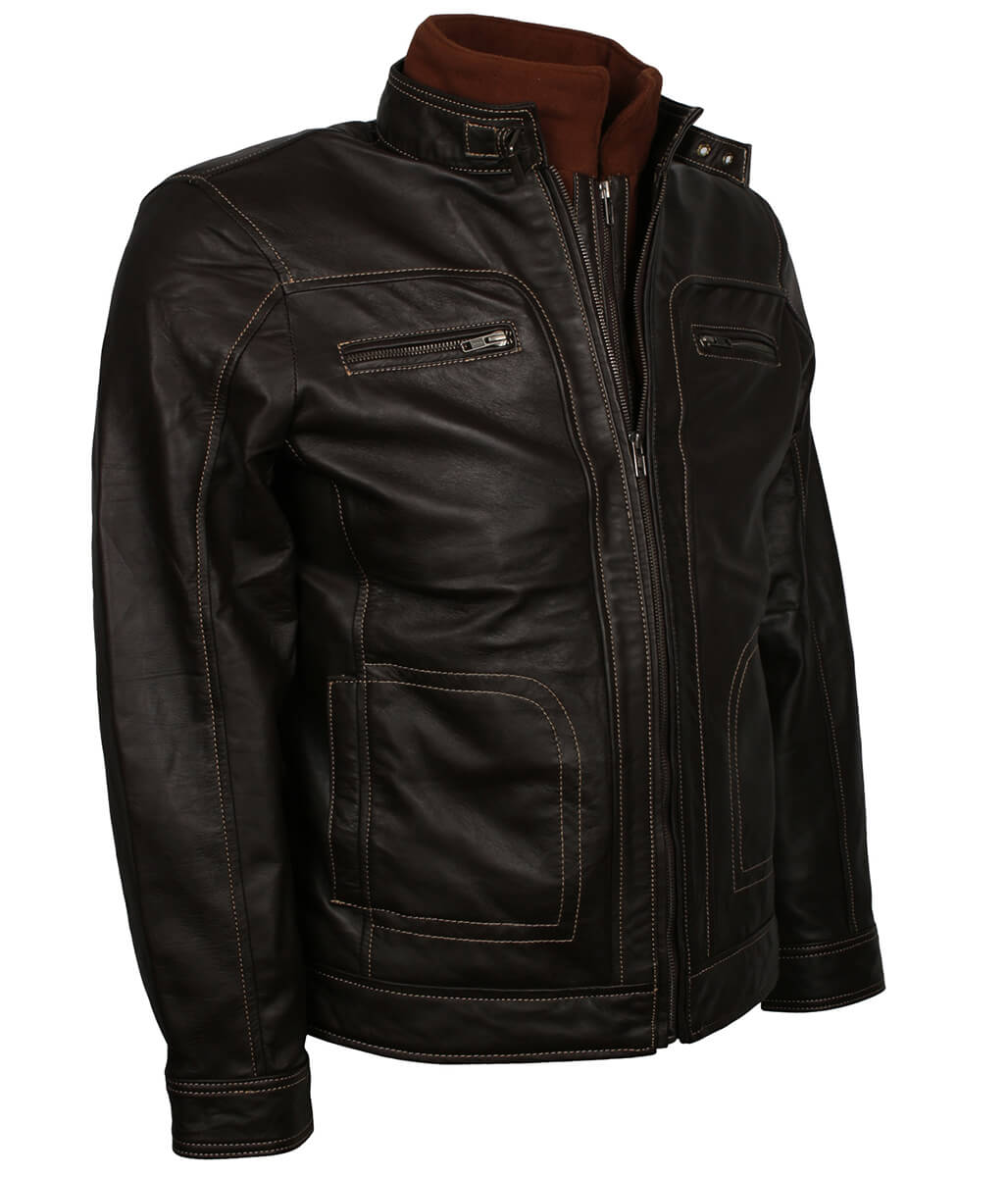 Men Classic Multi-Pocket Dark Brown Leather Jacket
