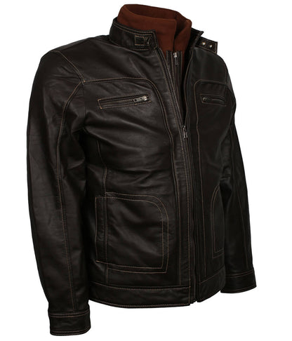 Men Classic Multi-Pocket Dark Brown Leather Jacket