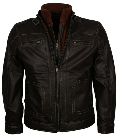 Men Classic Multi-Pocket Dark Brown Leather Jacket