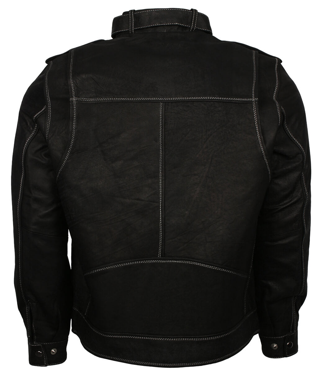 Men Contrast Stitching Black Leather Jacket