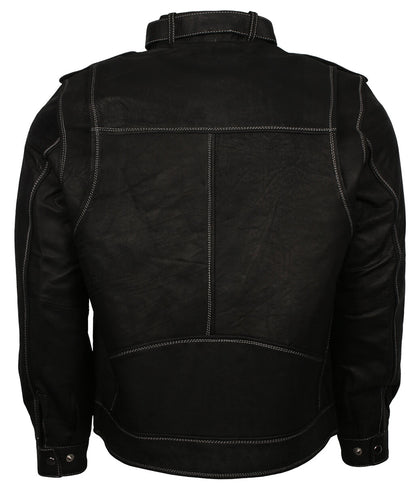 Men Contrast Stitching Black Leather Jacket