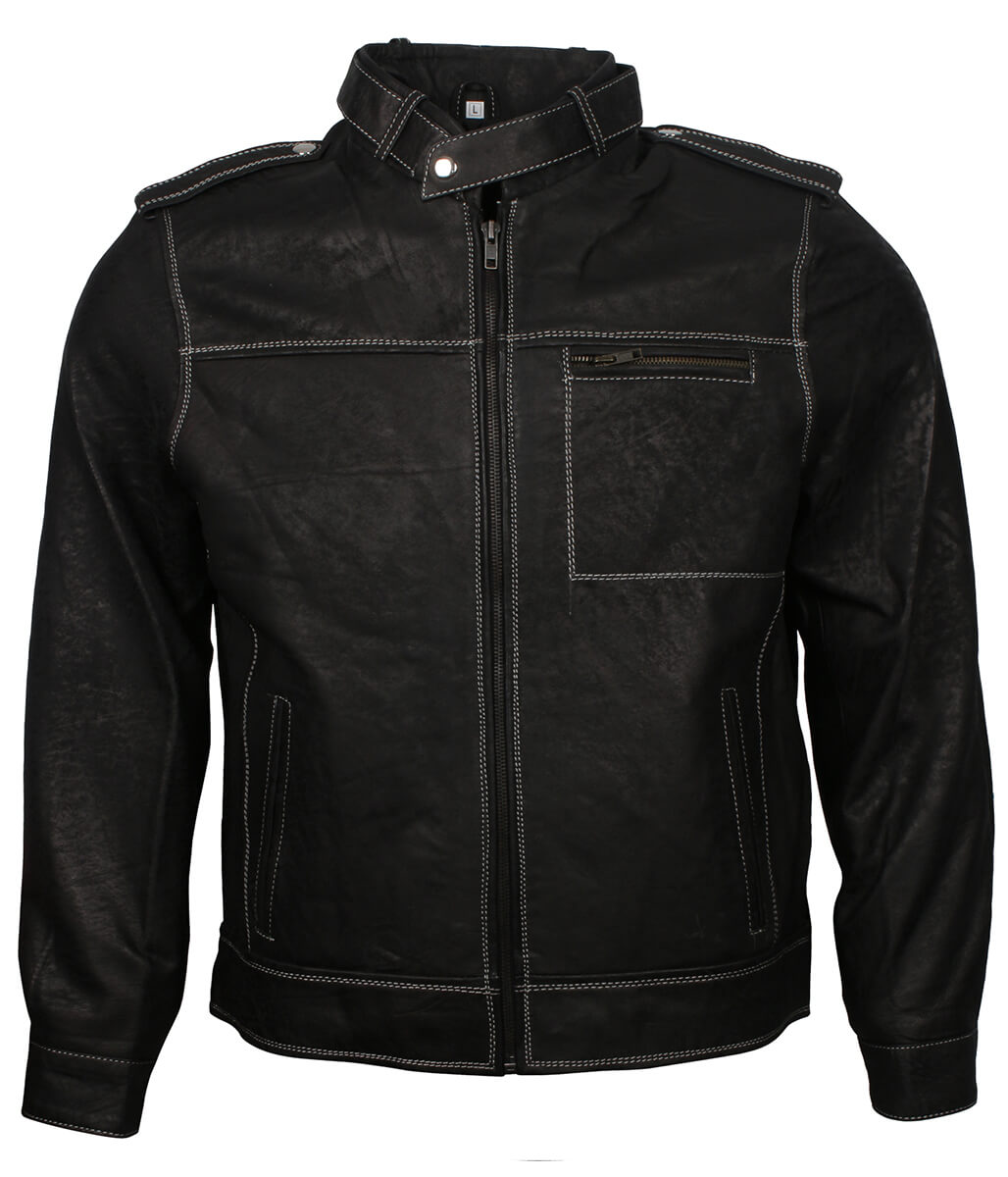 Men Contrast Stitching Black Leather Jacket