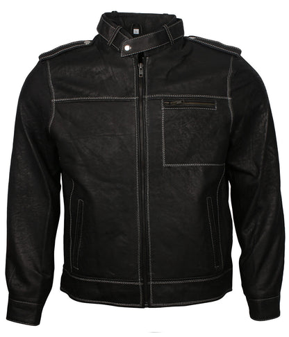 Men Contrast Stitching Black Leather Jacket