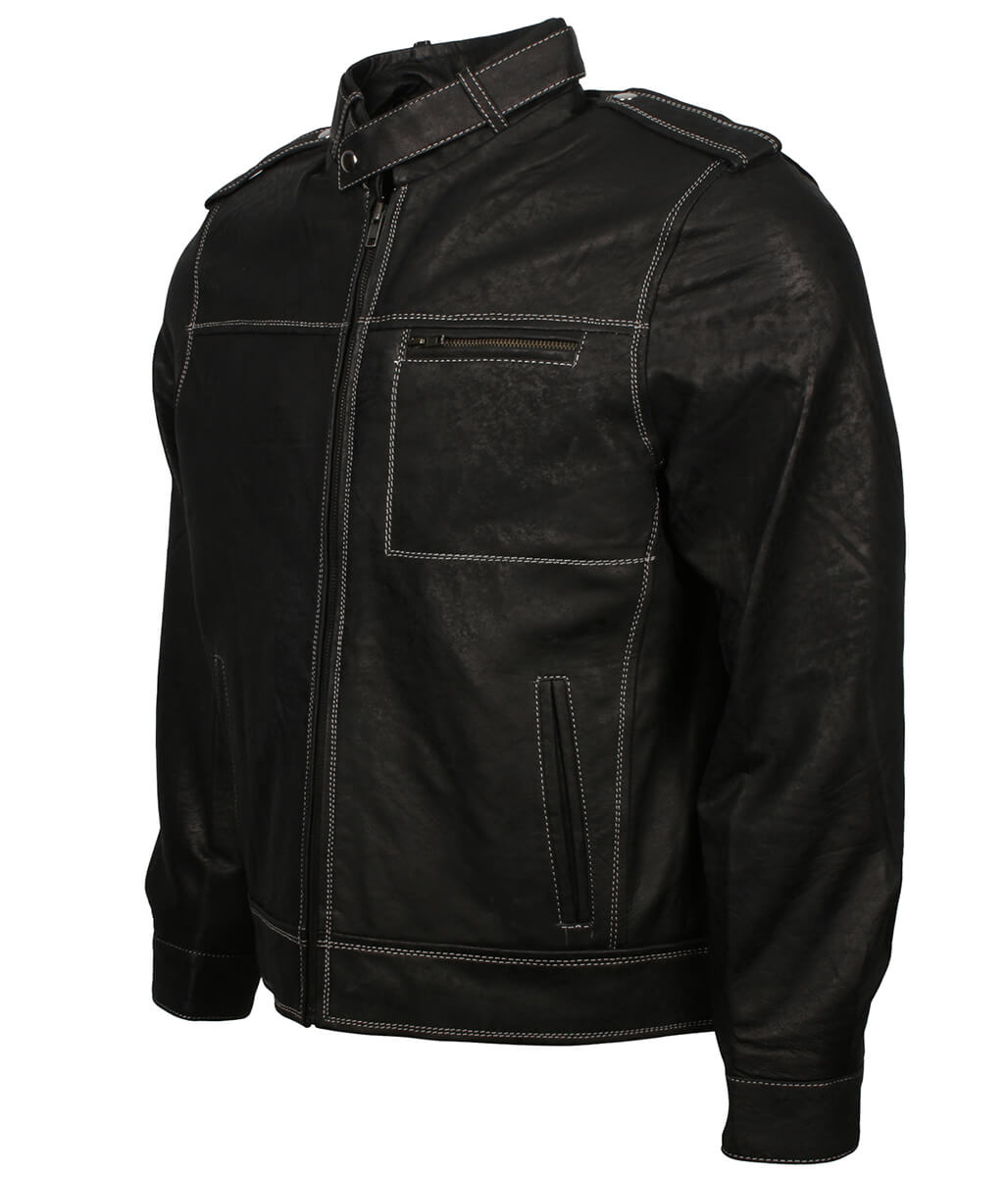 Men Contrast Stitching Black Leather Jacket