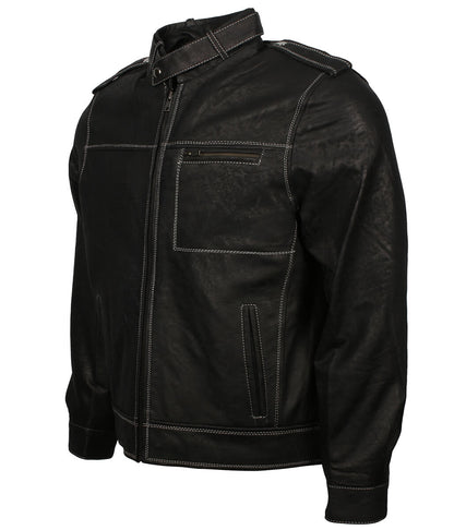 Men Contrast Stitching Black Leather Jacket