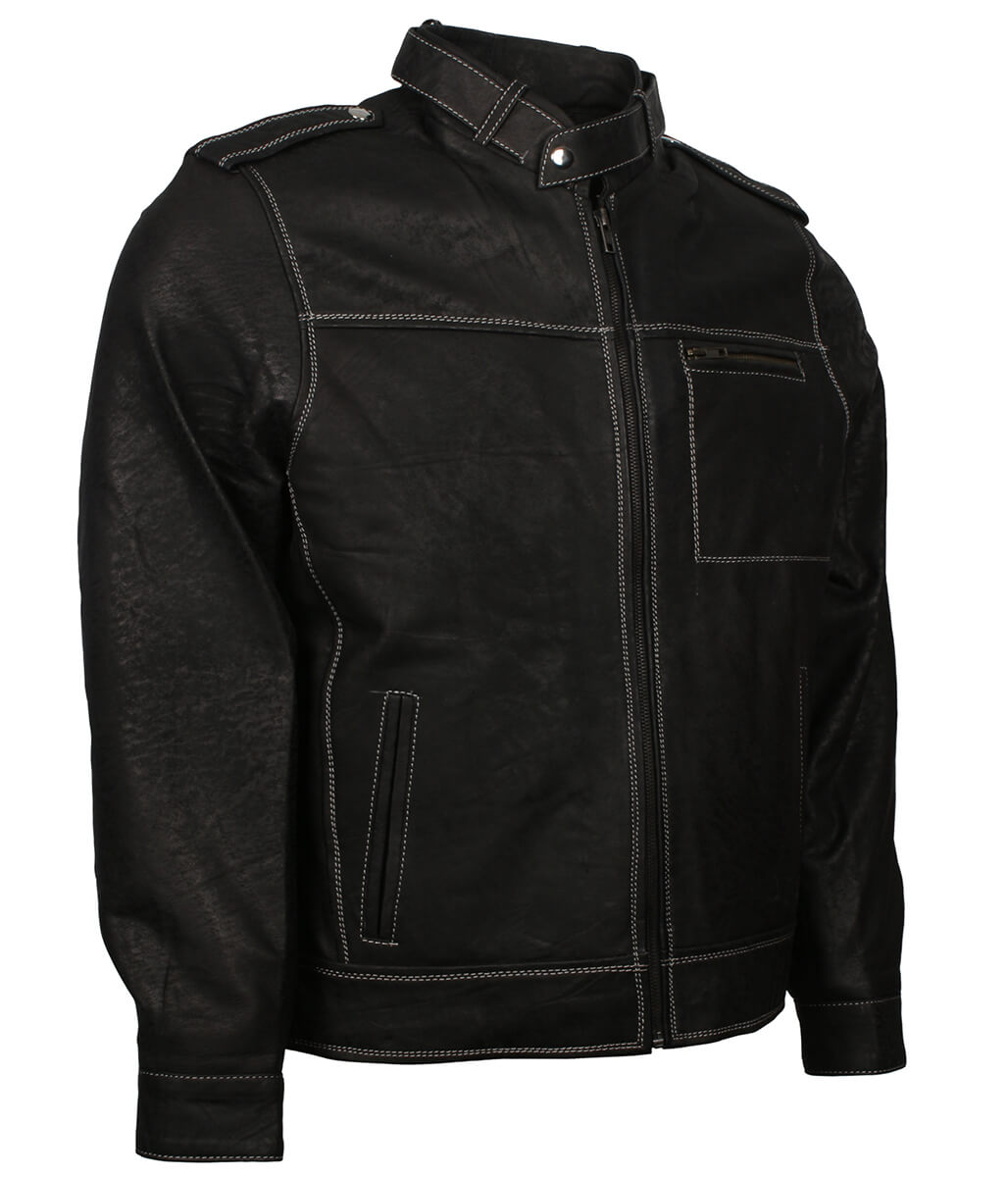 Men Contrast Stitching Black Leather Jacket