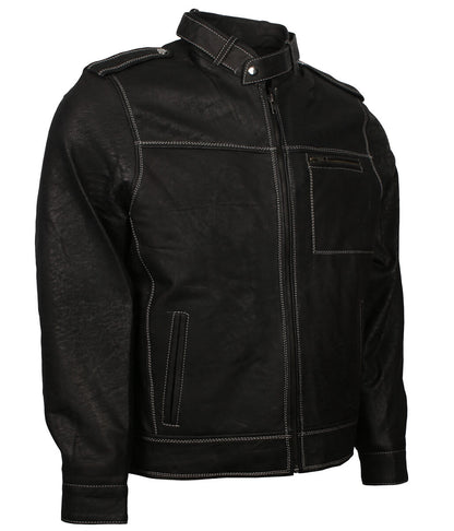 Men Contrast Stitching Black Leather Jacket